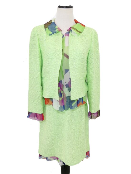CHANEL Jackets & Blazers - CHANEL Vintage 2000 Spring Lime Green Print Chiffon Trim Skirt Jacket Set 38 40